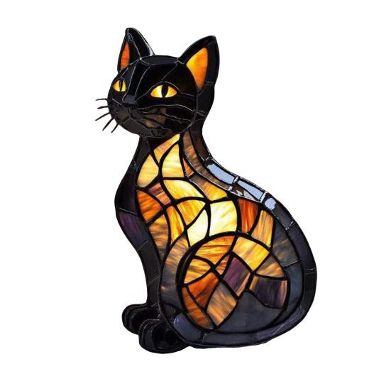 Cat Lamp Stained Resin Glass Night Light Soft Warm Glow 3D Animal-Themed LED Bedside Table Lamp Bedroom Decor