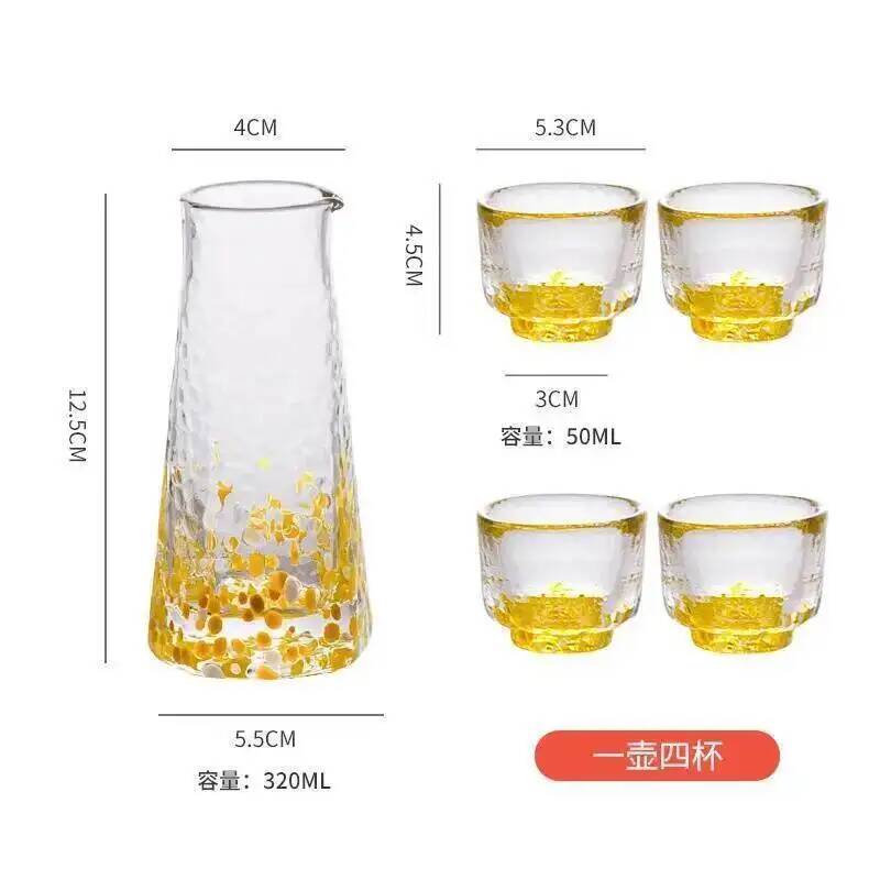 1 Pcs Sake Bottle And 4 Pcs Sake Cups 5 Pc Crystal Color Dot Hammer Pattern Sake Set Japanese Style Wine Decanter Shot Glass Set 50ml - 320ml