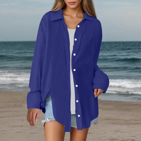 Damesblouse Kraag Lange Mouwen Knoopsluiting Blouses Tops Effen Kleur Losse Pasvorm Makkelijk te Onderhouden Gekreukelde Blouse