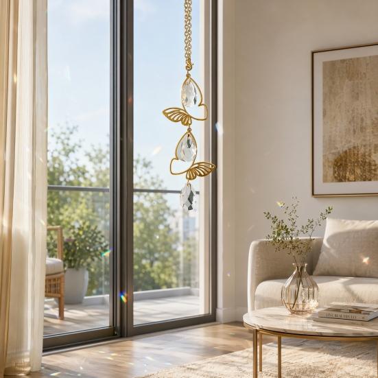 Sun Catcher Butterfly Crystal Hanging Ornament Iron Metal Frame with Gold-Plated Finish Light