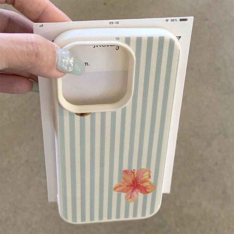 A Striped Floral Print Lychee-Textured Phone Case, Suitable for iPhone 17, 16, 15, Plus, Pro, Max Series Phones—Can Be Used as a Gift