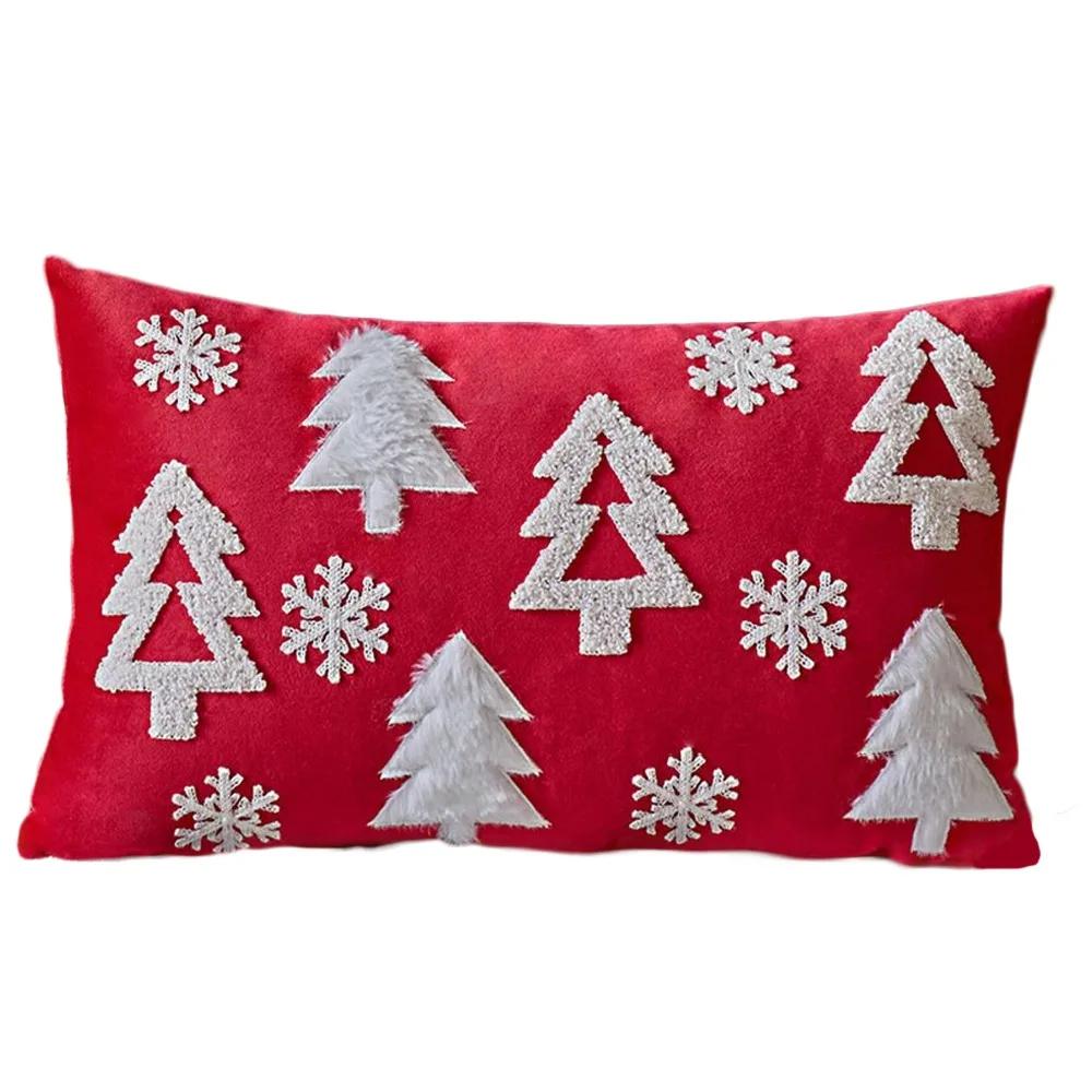 Soft Christmas Tree Velvet Christmas Pillowcase Embroidery INS Style Throw Pillowcover Jacquard Red Cushion Cover Sofa/Bed