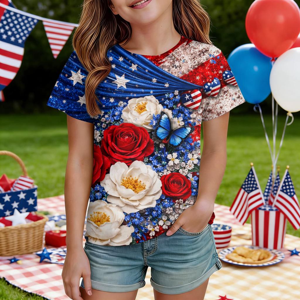 Kids Independence Day Print Round Neck Short Sleeve Casual T-shirt