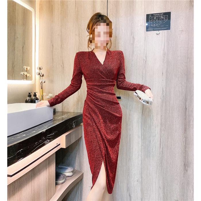 

Элегантное облегающее платье шик начала весны с перекрещенным воротником и уникальным разрезом Extra Large вино красного