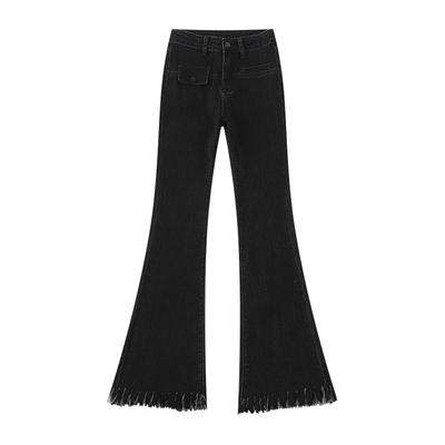 Black Furrowed Jeans for Women In Spring and Autumn New High-waisted Slim Slim Tassel Mopping Bell-bottom Pants