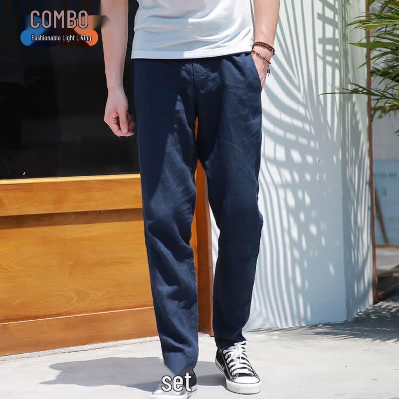Men s 100% Linen Casual Straight-Leg Pants S