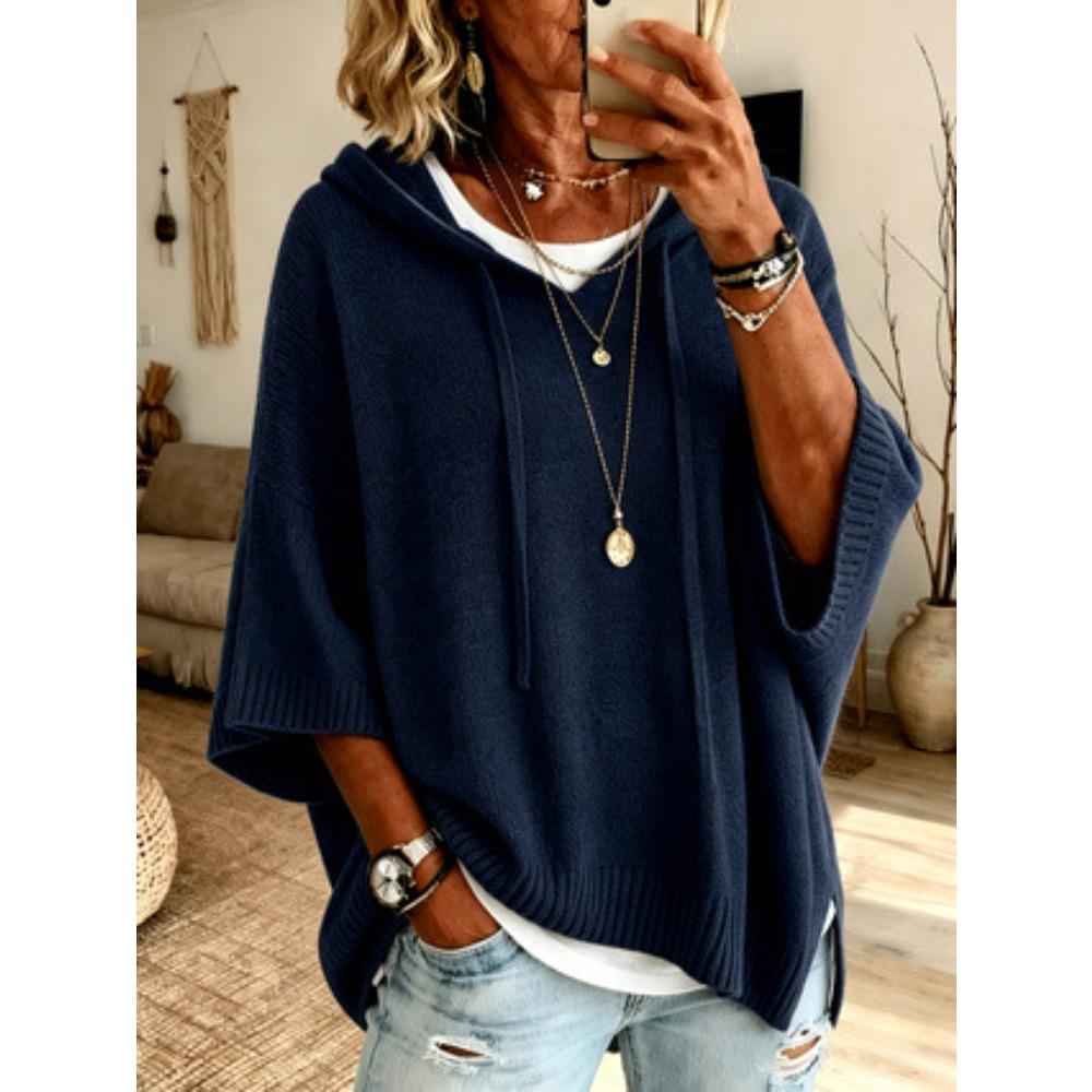 Women New Knit Hooded Drawstring Sweatshirt, Loose Casual Knitted Outerwear Sweater