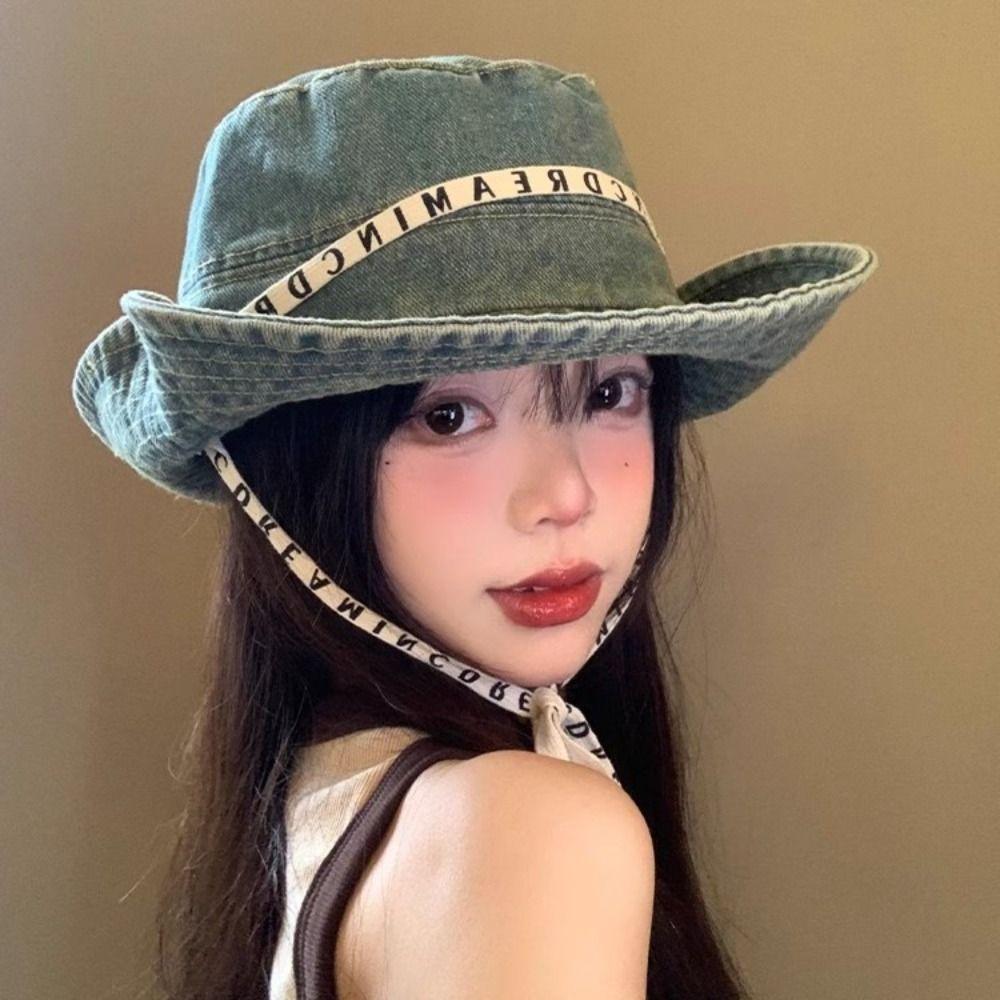 Letter Denim Bucket Hat With Tie Belt Sunscreen Hat Sweet Jeans Fisherman Hat Outdoor