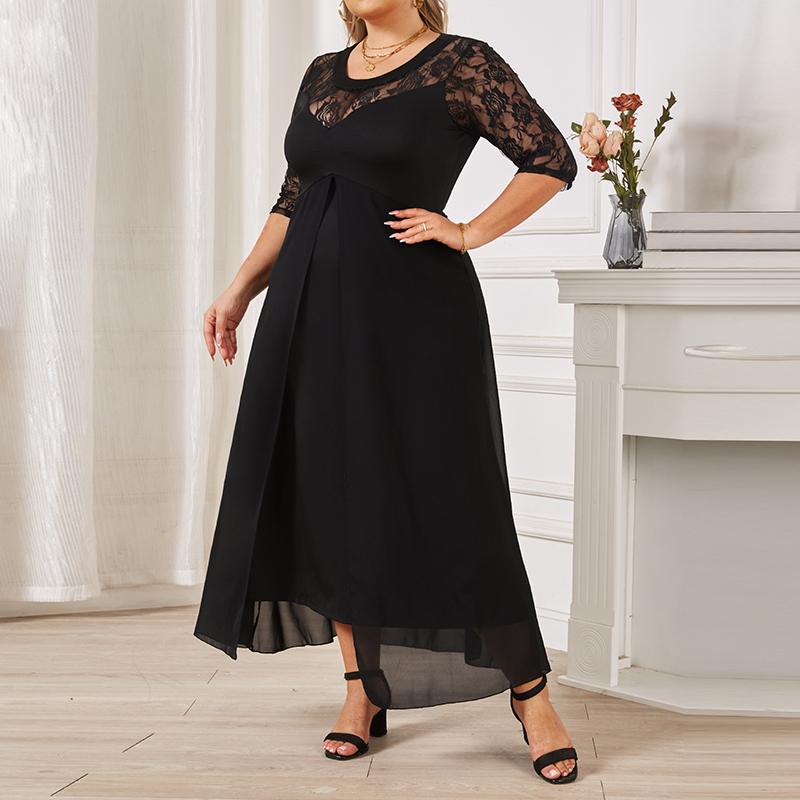 Damen Kleid Spitze Halbarm Sommer Frau Lange Kleider Frühling Casual Maxi Kleid Schwarz O-Ausschnitt Übergröße Kleider