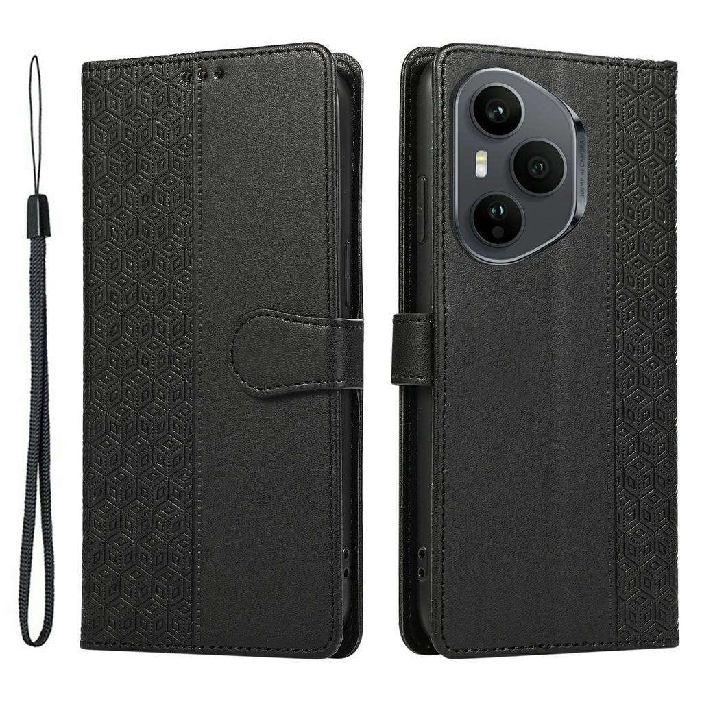 For Honor 400 Pro 5G (Global) Case Splicing Imprinted Rhombus Leather Phone Cover with Wrist Strap