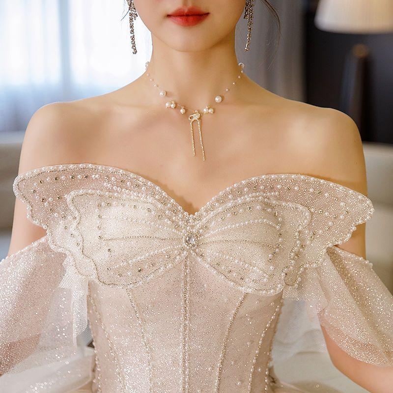 Rochie de Mireasă Fără Bretele cu Fundă Franțuzească - Rochie de Mireasă Luxoasă Strălucitoare, Rochie de Bal Prințesă din Tul cu Sclipici și Corset