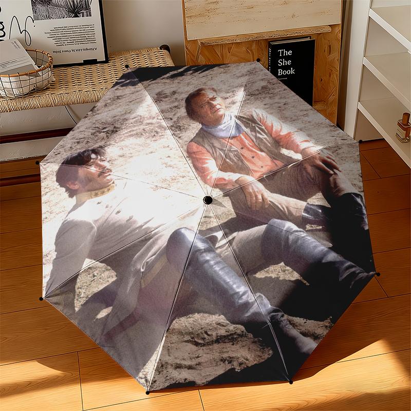 1pc Legendary John Wayne Umbrella Portable Folding Umbrella Iron Frame Hole Bone Structure Outdoor Home Umbrella
