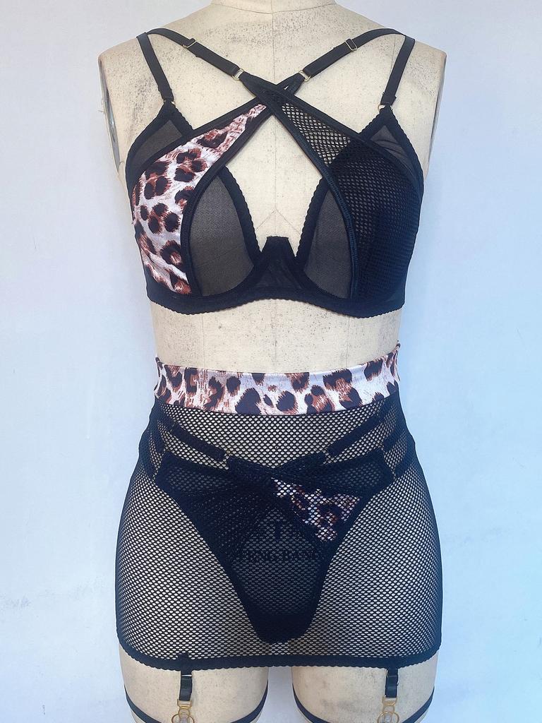 Leopard Mesh Lingerie Set Sexy Sheer Bra Panty Nightwear Black Leopard Costume Halloween Party Gift