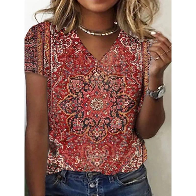 Women V Neck Floral Print Lace Patchwork Short Sleeve Casual T Shirt