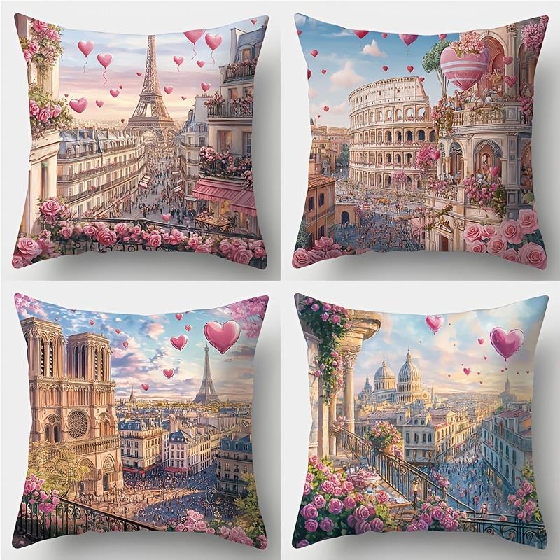 

Romantic European Cityscape Pillowcase - Paris/Rome with Heart Balloons Print Pillow Cover for Sofa Bedroom Living Room 4PC-45x45cm