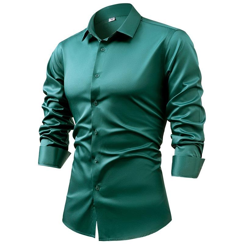 Men's Silk Satin Long Sleeve Button-Up Dress Shirt, Non-Iron Wrinkle-Resistant Business Casual Formal Top