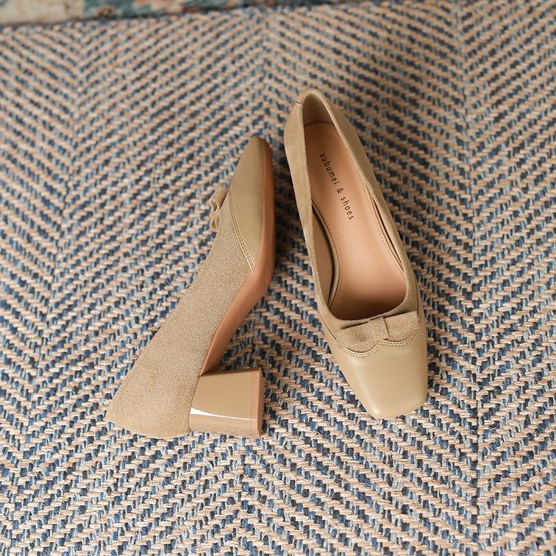 8-1 High Heels for Women's New Thick Heels, Light Mouth Bow, Pointed Head Temperament, Single Shoes for Women