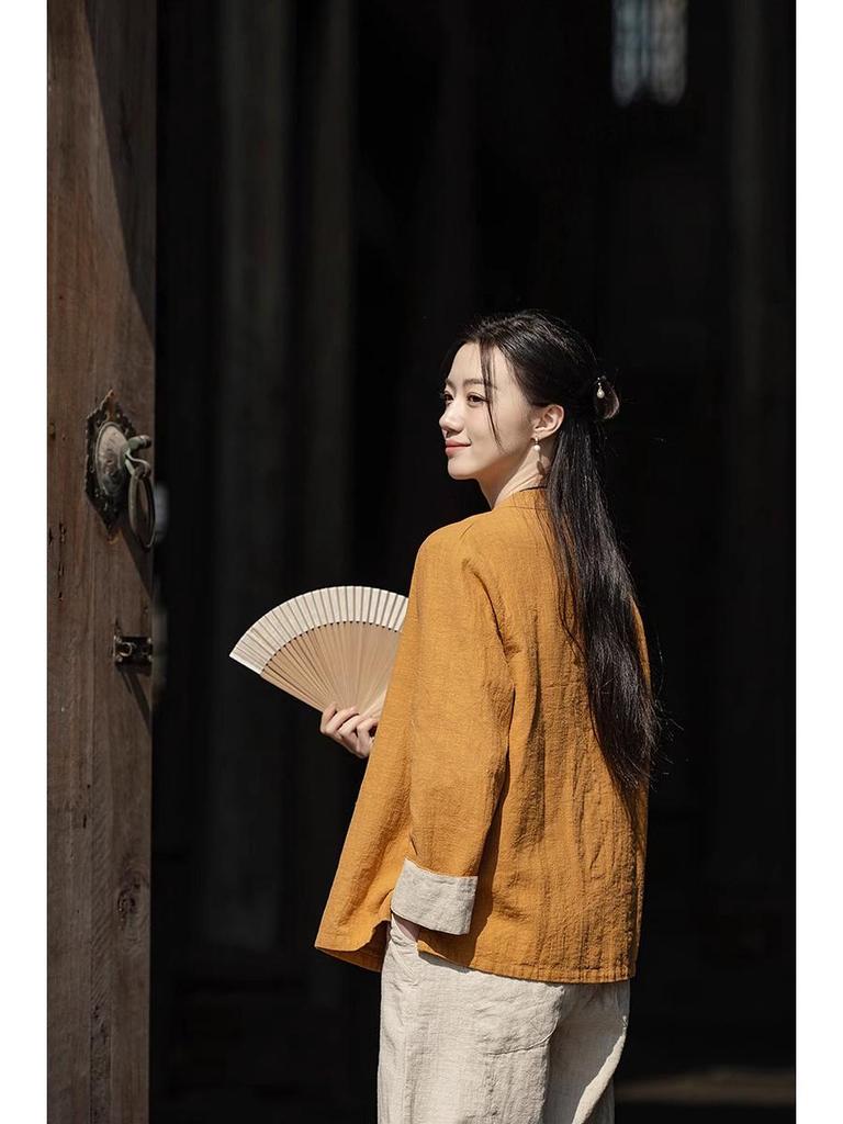 Young Women's Cotton-Linen Zen-Inspired Frog Button Cardigan for Eight Brocades Exercise