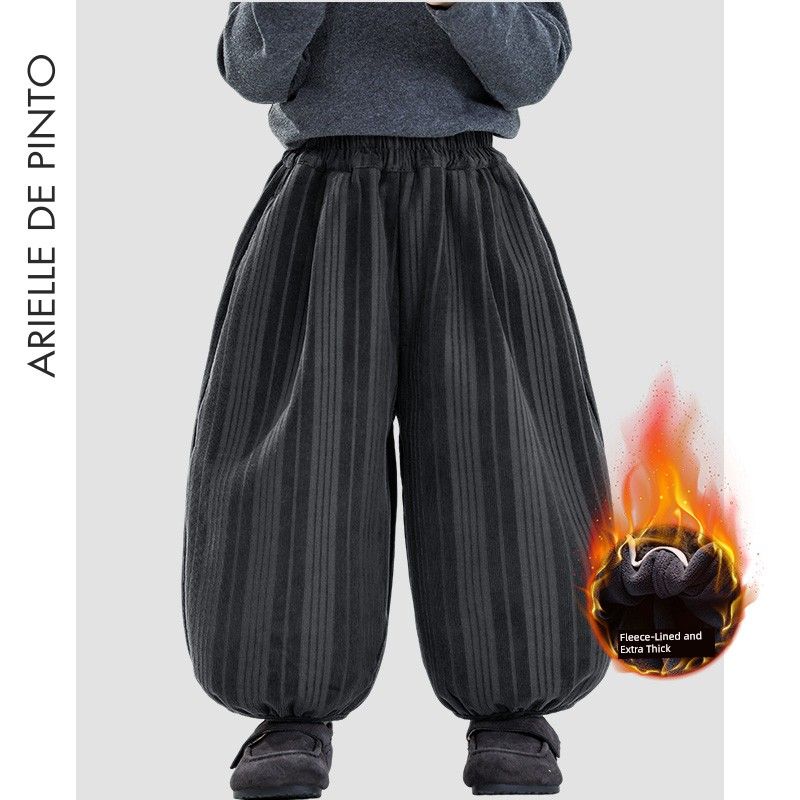 French Arielle De Pinto Boys  Fleece-Lined Pants Winter Style Striped Integrated Fleece Harem Pants Corduroy Pants Black Gray 140