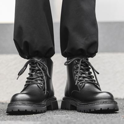 Botas Martin para Hombre de Suela Gruesa para Aumentar la Altura, Zapatos de Cuero de Caña Alta, Botas de Herramientas Locomotora, Caña Media, Botas de Invierno con Terciopelo 25008-J