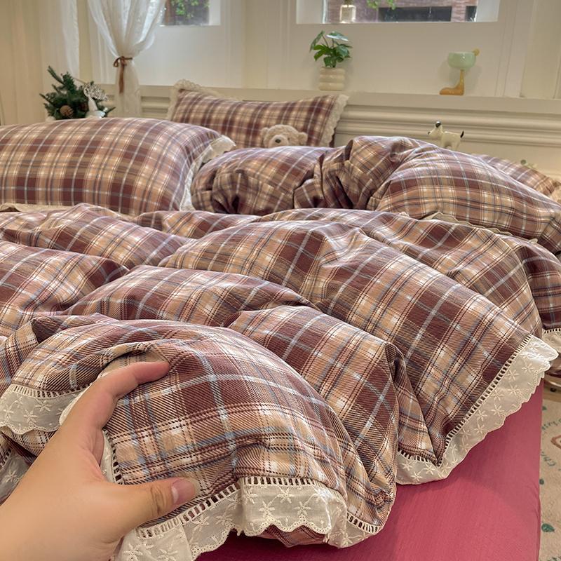 INS Korean Style Bedding Sets 2025 New Cotton Wrinkled Double-Layer Yarn Lace Bedding Sets Plaid Christmas Decor Gift Home Decor