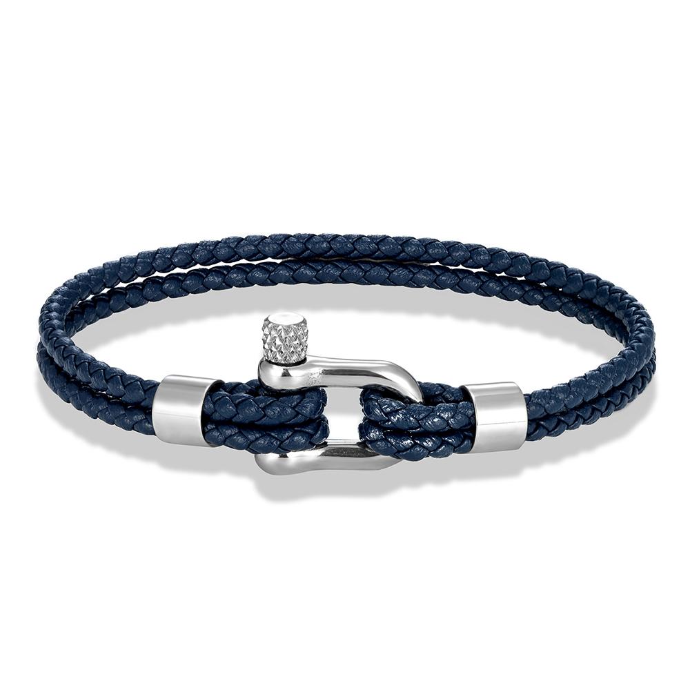 MKENDN Black Stainless Steel Shackle Bracelet Double Layer Blue Leather Handmade Nautical Jewelry for Men Women