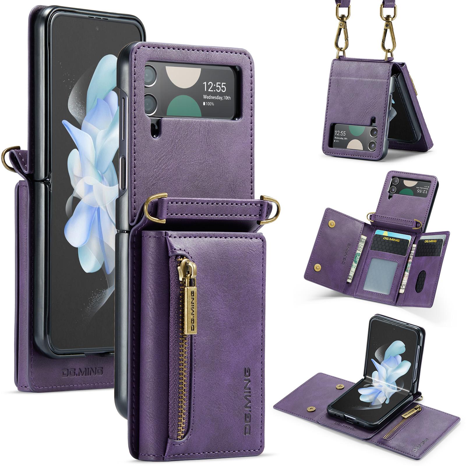 

DG.MING M5 Series for Samsung Galaxy Z Flip3 5G Case RFID Blocking Card Slots Leather+PC Phone Cover Purple