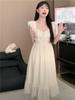 French Sweet First Love Xiaofei Sleeve Summer Dress New Waist Thin Knee Long Dress Temperament Beige