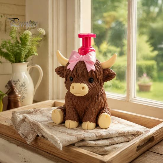 Durable Soap Dispenser Highland Cow Dispenser, Pink Bow Cattle Refillable Hand Empty Bottle, Plastic Pump Bottle for Bathroom, Housewarming