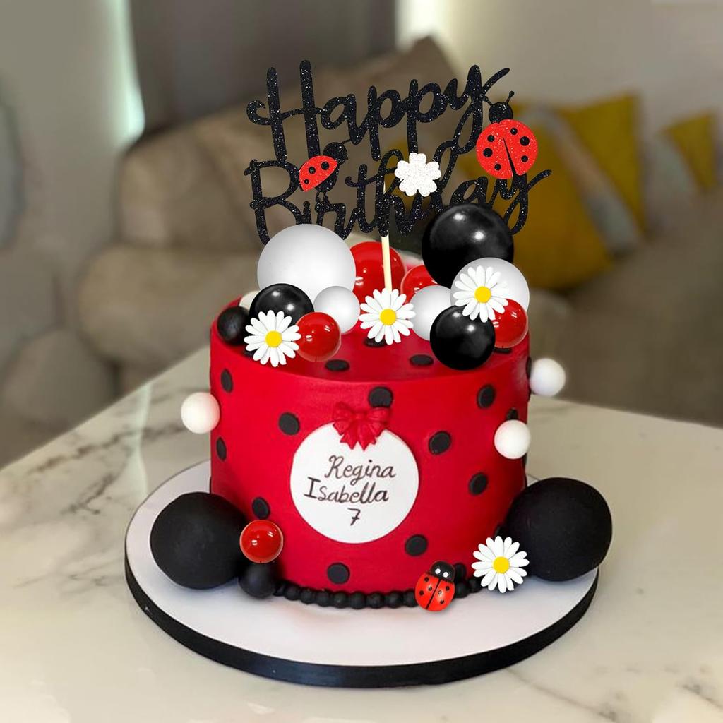Marienkäfer Kuchenaufsatz Rot Schwarz Kugel Kuchendekorationen Gänseblümchen Kuchenaufsatz für Marienkäfer Themenparty Geburtstagsfeier Zubehör Dekoration