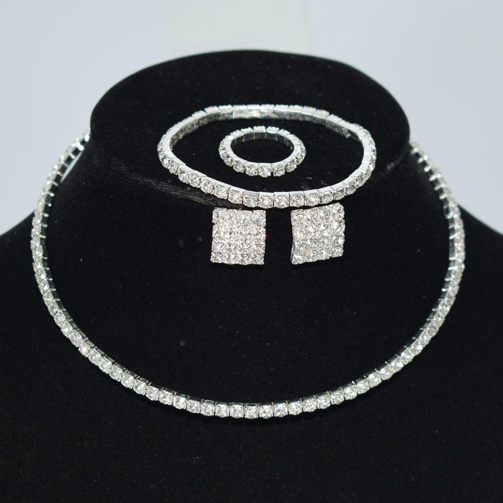 Gold & Silver Rhinestone Jewelry Set: Choker, Bracelet, Stud Earrings, & Necklace