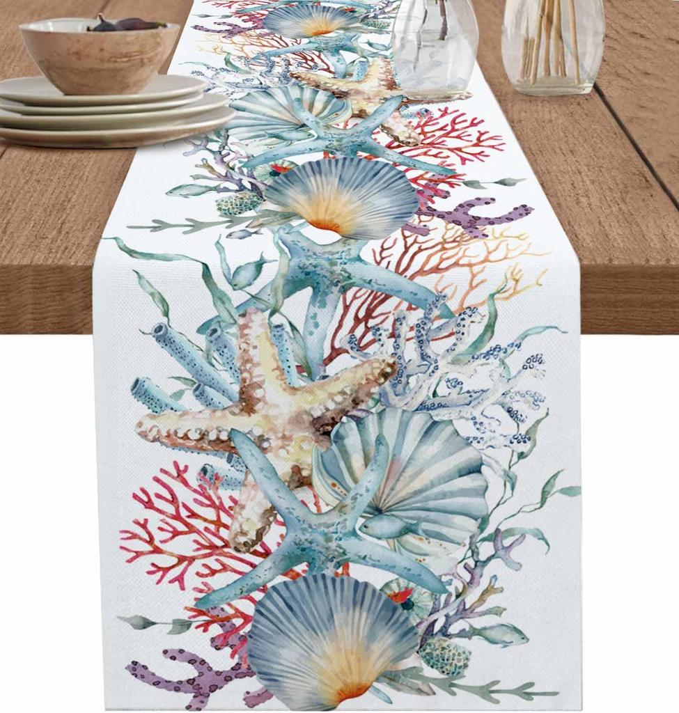 Coastal Coral Shell Starfish Linen Table Runner Holiday Party Decor Summer Ocean Life Kitchen Dining Table Runners Home Decor