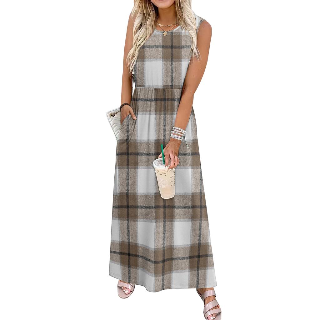 Ladies' Plaid Printed Casual and Fashionable Waist Cinched Sleeveless Dress