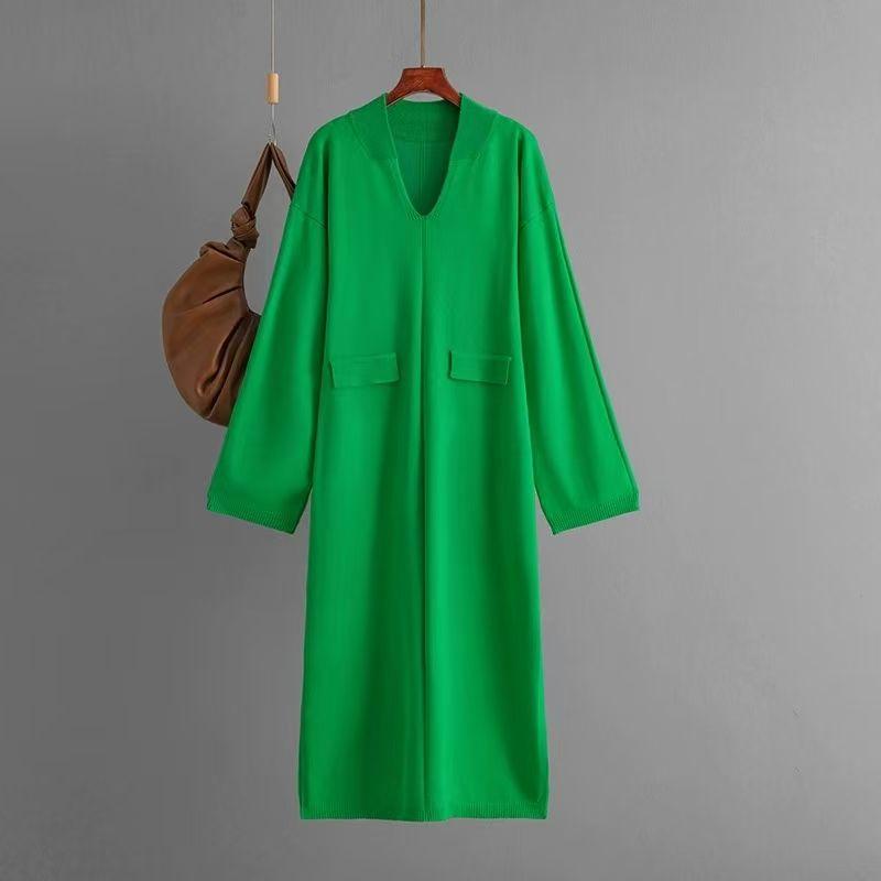 

Fashion Wind Autumn and Winter V-neck Pure Color Casual Loose Knitted Slit Dress V-Neck Knitted Dress Green All yards