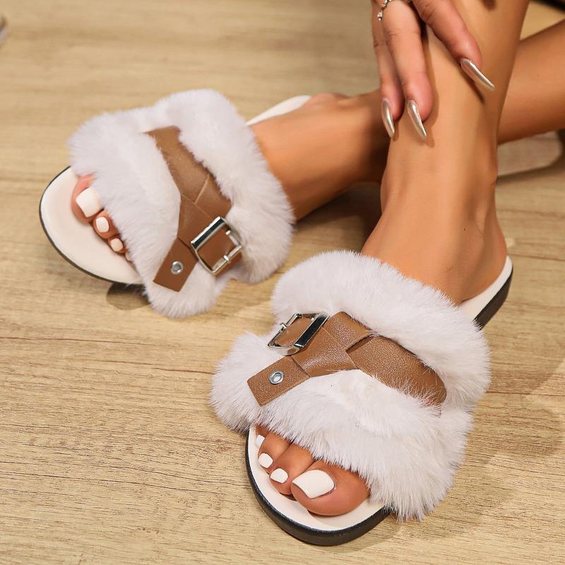 Fashion 2025 New Women Plush Slippers Fashion Metal Flat Cotton Slippers Non Slip Warm Shoes Comfortable Home Slides Women Slides Women