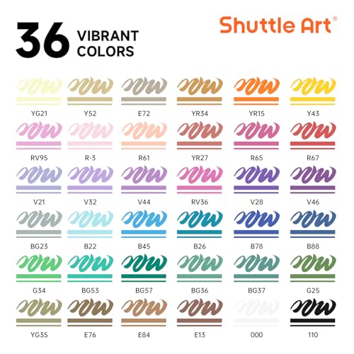 Shuttle Art Acrylic Markers, 36-Color Set, Direct-Fill Brush Tip, Water-Based, Waterproof, Quick-Drying, Light-Resistant, Acrylic Paints for Stone, Wo