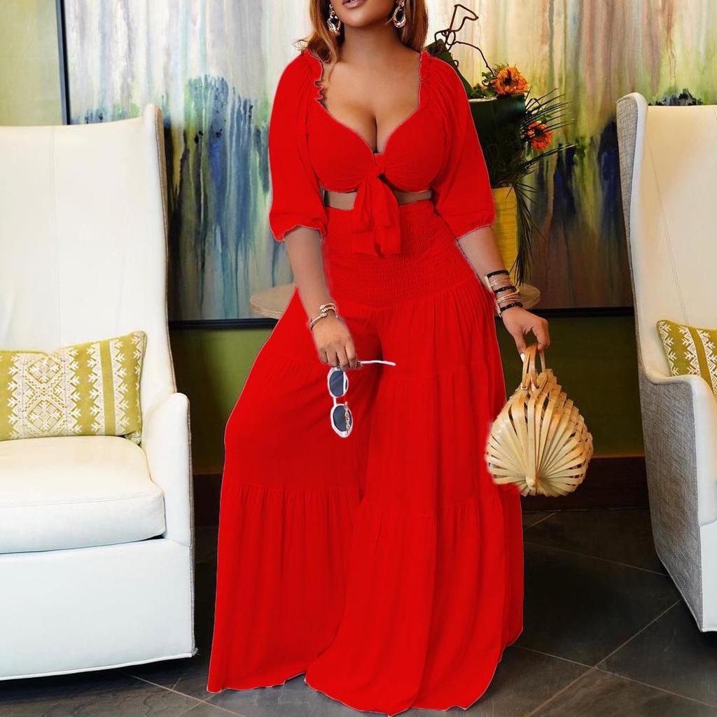 Women's Summer Fashion Casual Pleated Strap Two-Piece Suit - European/American Style, Solid Color, Sexy, Foreign Trade.