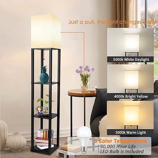 Modern LED Shelf Floor Lamp with 3 Colors Bulb White Linen Shade Wooden Shelves Living Room Bedroom Decoration Stand Lighting
