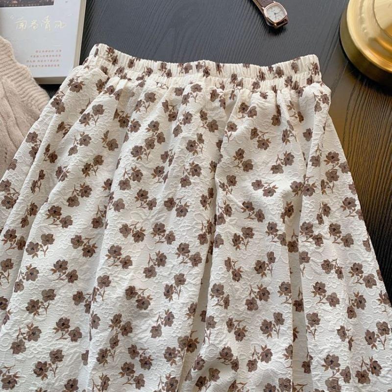 Women's Vintage Brown Floral Print High Waist A Line Skirt