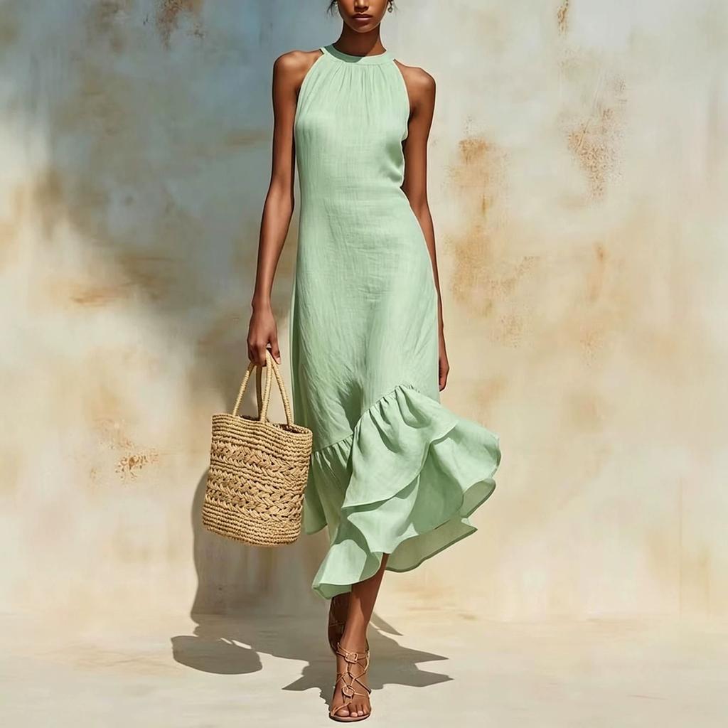 European and American French holiday style round neck sleeveless lotus leaf hem cotton and linen blend medium and long dress