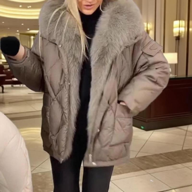 

Зимняя мода Меховой воротник Женский элегантный темперамент С капюшоном Средней длины Хлопковая одежда L светло-коричневого