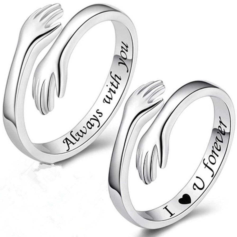2pcs Lettering Silver Color Warmly Embraced Love Hug Open Ring Women Creative Hands Embracing Adjustable Valentine's Day Rings