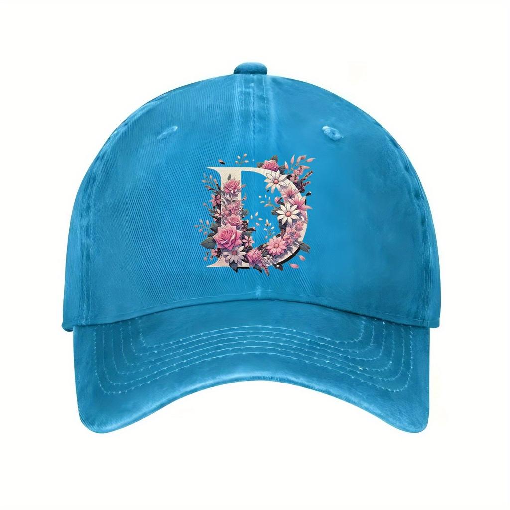 Floral Letter D Baseball Cap Unisex Casual Cotton Adjustable Distressed Outdoor Cap