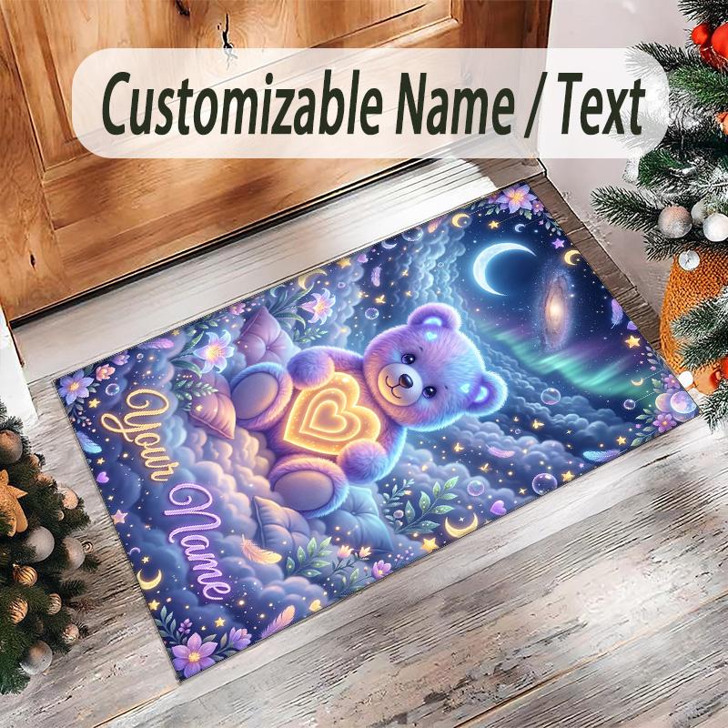 Teddy Bear Theme Crystal Velvet Rug Personalized Custom Name Text Soft Floor Mat Home Decor