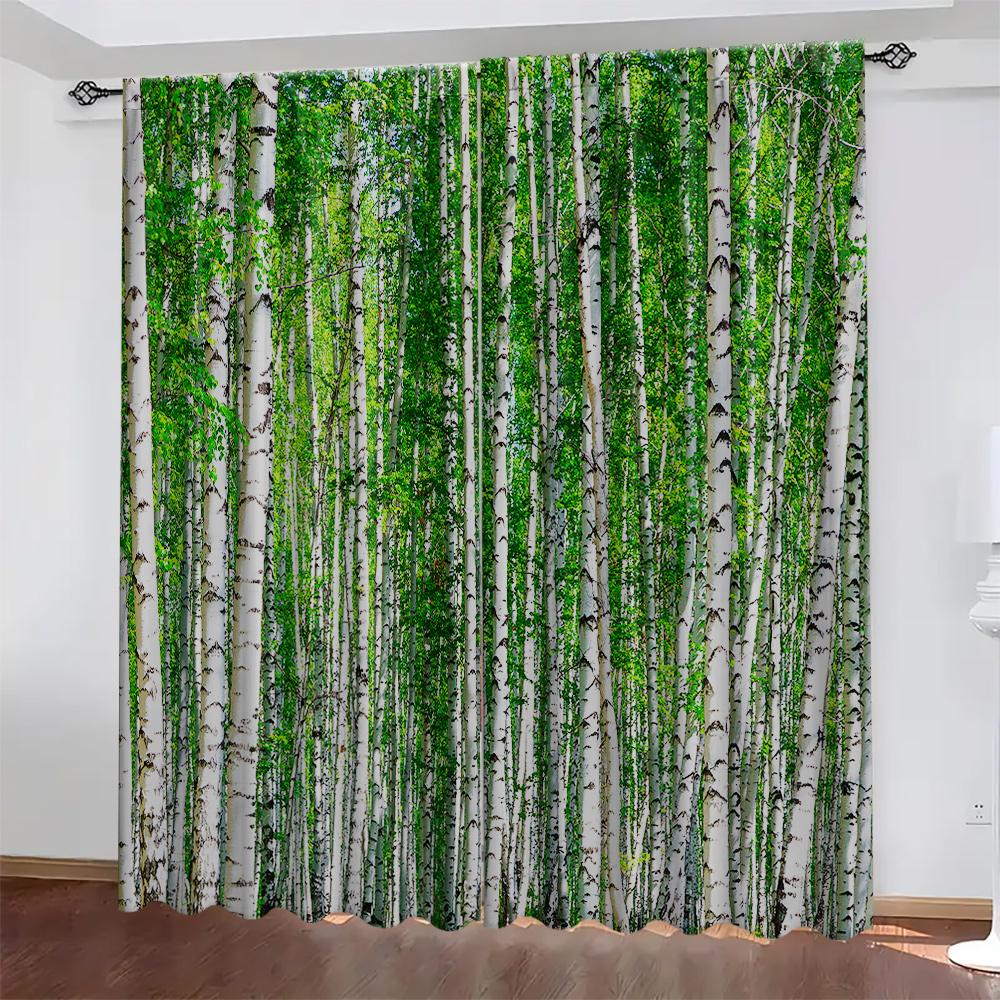 2PC Home Birch Forest Curtains With Landscape Background And Pole Pocket Curtains, Kitchen, Coffee Shop, Living Room