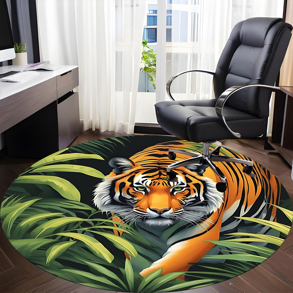 1pc Tiger Jungle Print Chair Carpet for Office, Round Non Slip Durable Large Size Office Carpet, Suitable for Office