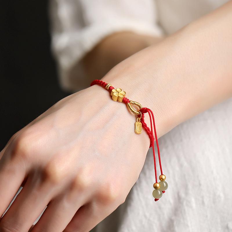 Natural Hetian Jade Peach Blossom Red Rope Bracelet for Women, Light Luxury Niche Exquisite Ladies' Zodiac Jewelry