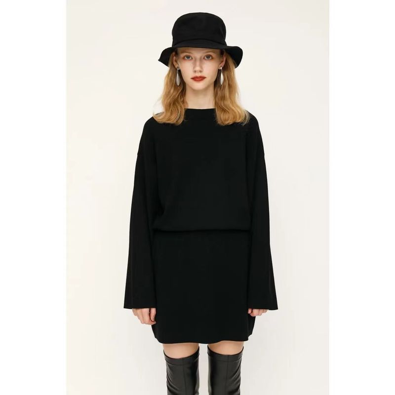 

House Autumn and Winter New Arrival Export Japanese Single Women s Clothing Long Sleeves Loose Waist Trimming Knitted Dress Sweater Umbrella Skirt Black 2: Bust size 108-112