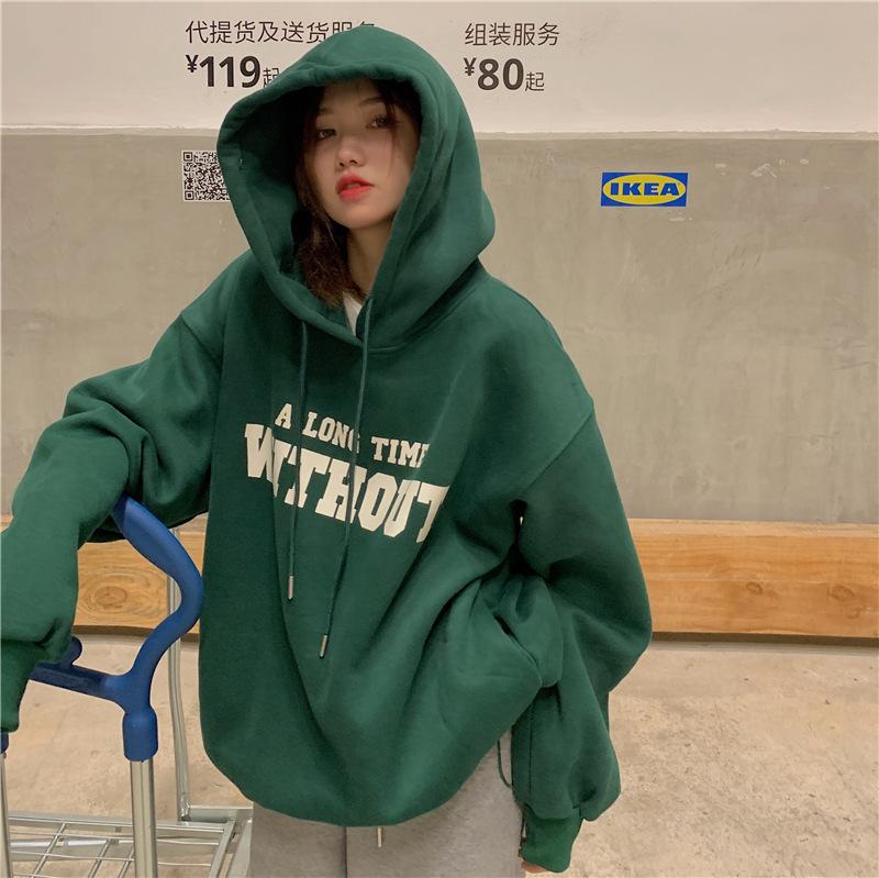 Winter Velvet Hooded Sweater Women's Korean Version Loose Letter Female Student Couple Jacket Wholesale