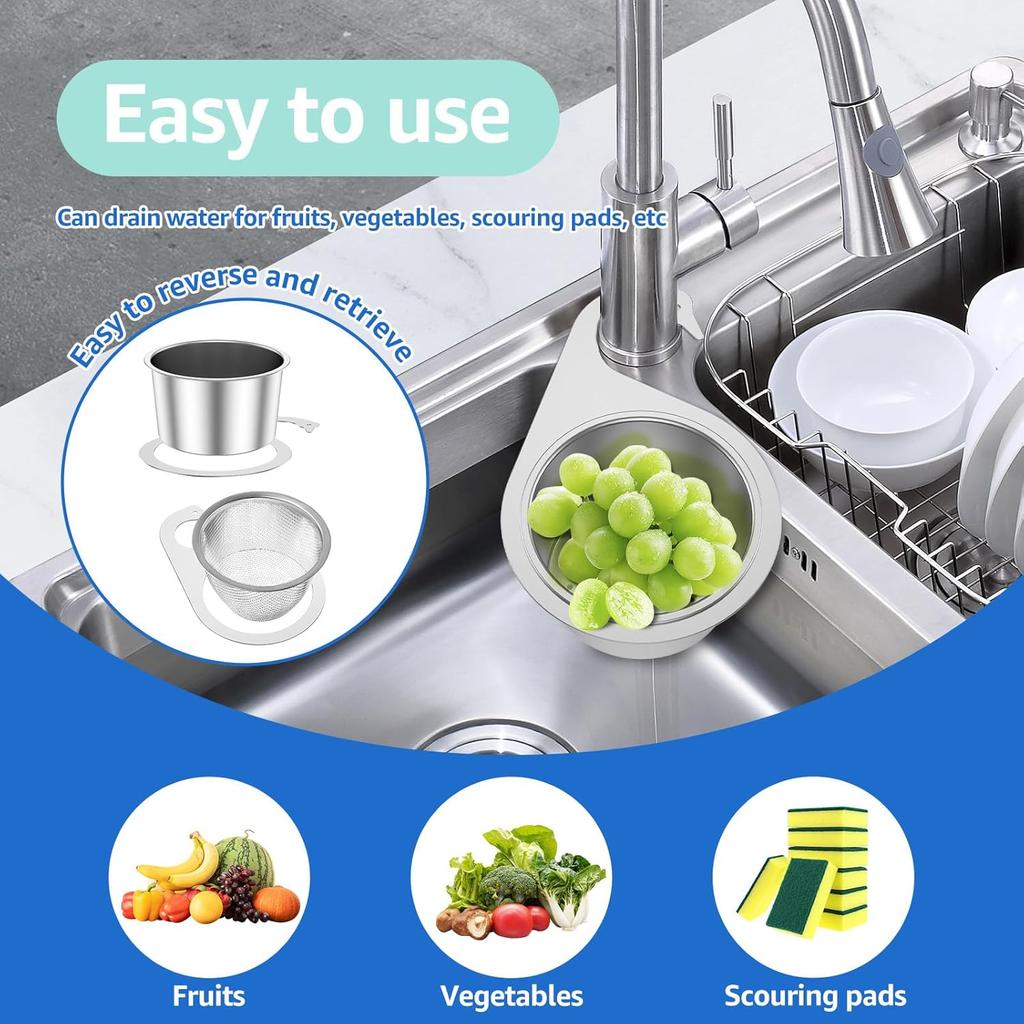 2 Pcs Stainless Steel Swan Sink Strainer Basket, Sink Strainer Colander Drain Basket, Faucet Hanging Filter Basket, Corner Sink Strainer for Kitchen